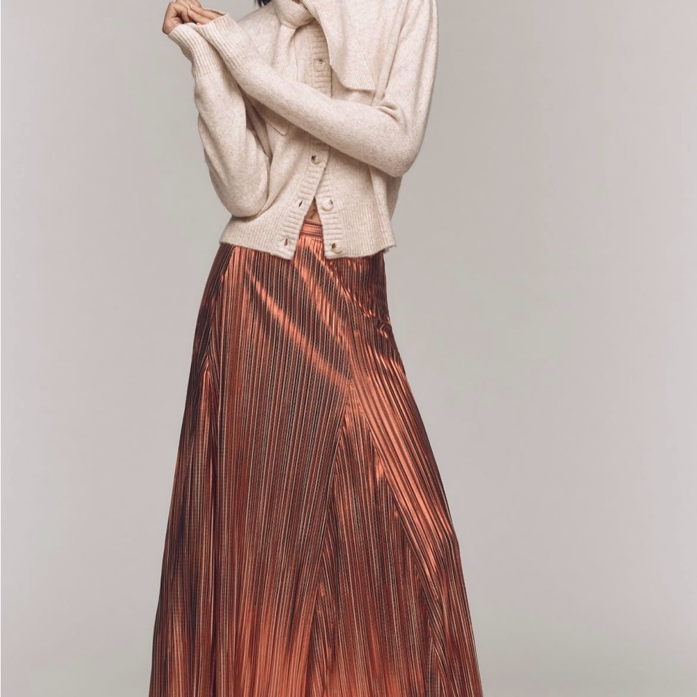 Anthropologie Metallic Pleated Red Midi Skirt (fully lined)